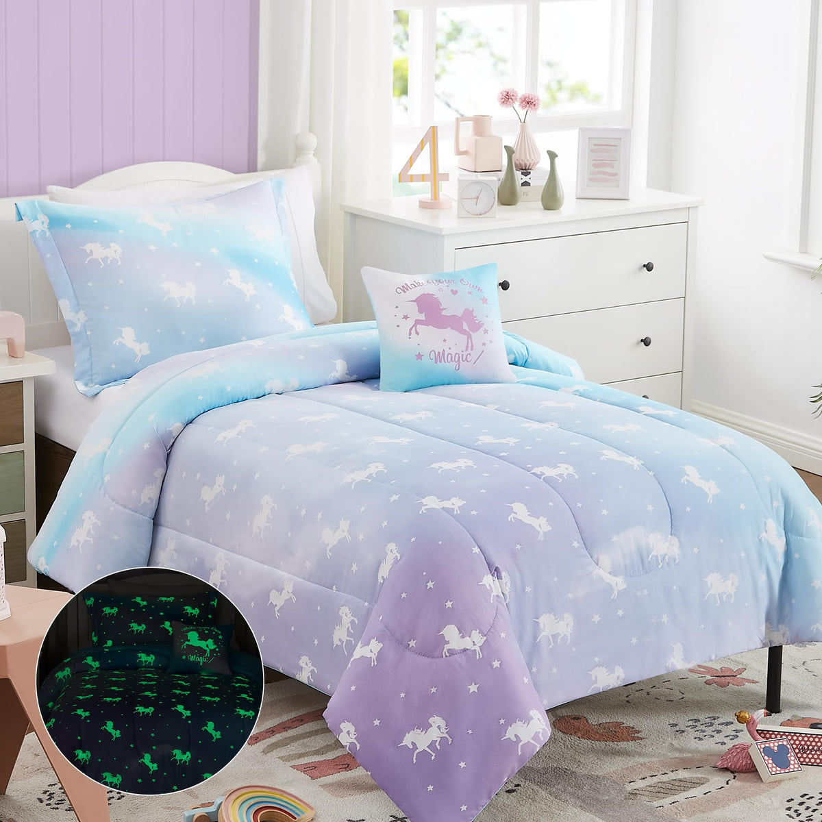 Kaleido Space Kaleidospace Kids Full Comforter Sets For Girls, Glow In The Dark Unicorn Full Size Bedding Sets -4 Pieces Lightwe
