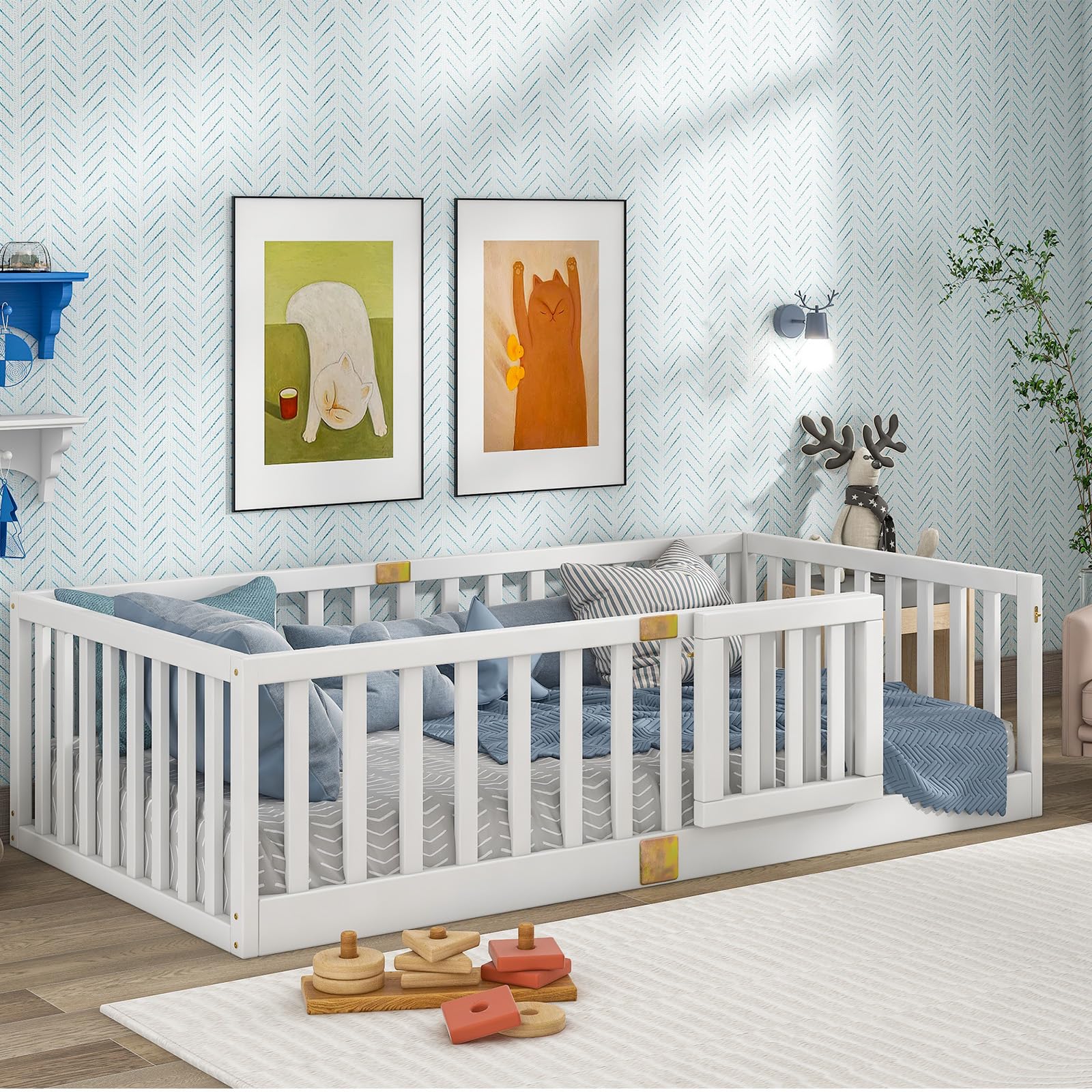 Tatub Twin Montessori Bed with Safety Guardrails and Door, Wood Frame Beds for Kids, Door Can Install Left and Right, White