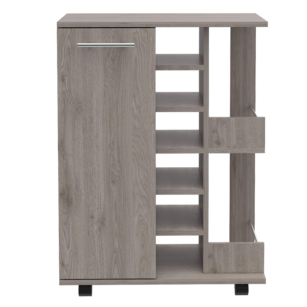 DEPOT E-SHOP Magda Bar Cart with Four Casters, Six Built-in Wine Rack, Single Door Cabinet, and Two External Shelves, 32.32" H, Light Gray, Living Room