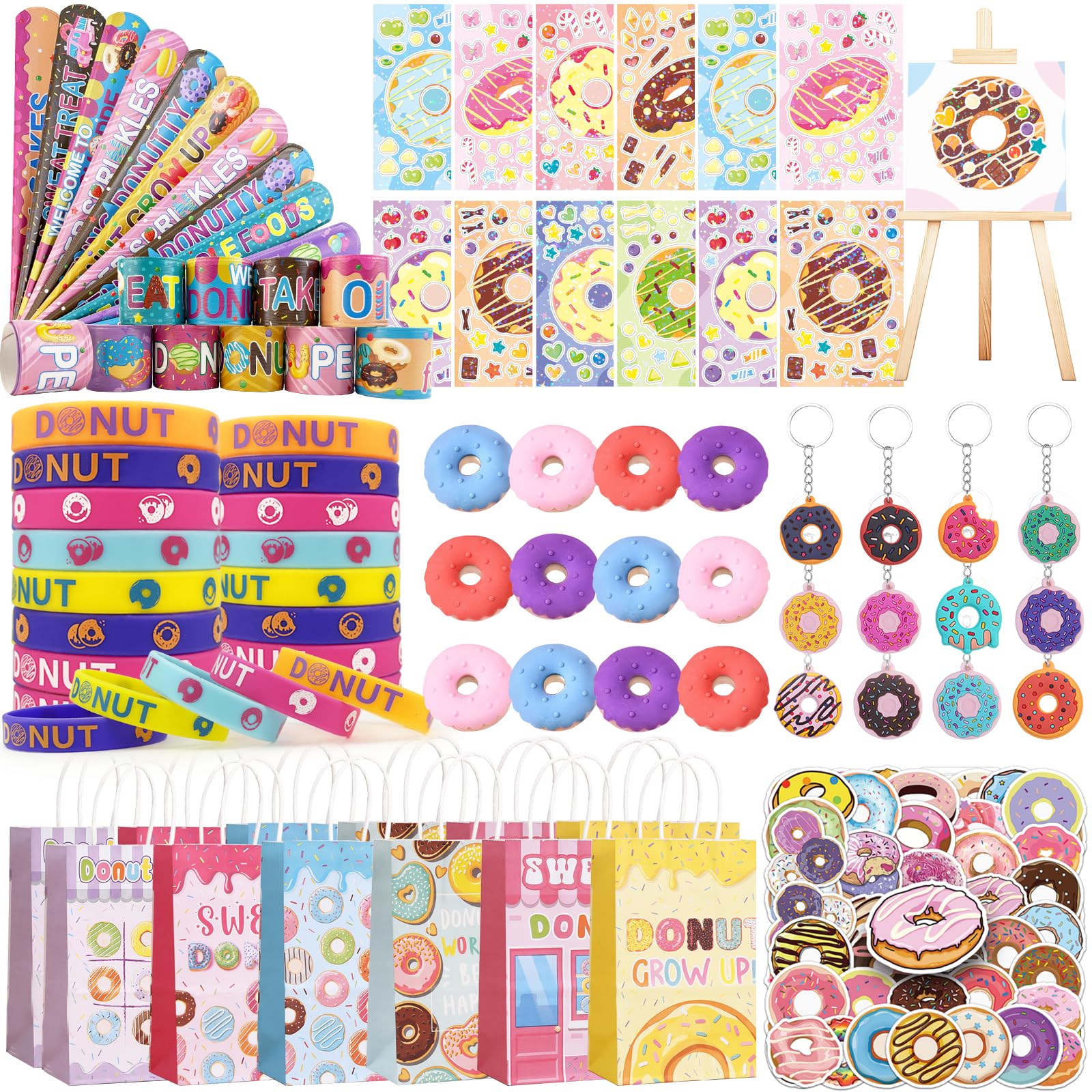 VAMWOGO Donut Party Favors 122Pcs Doughnut Themed Birthday Decorations Sweet Dessert Supplies Include Keychains Bracelets Treat 