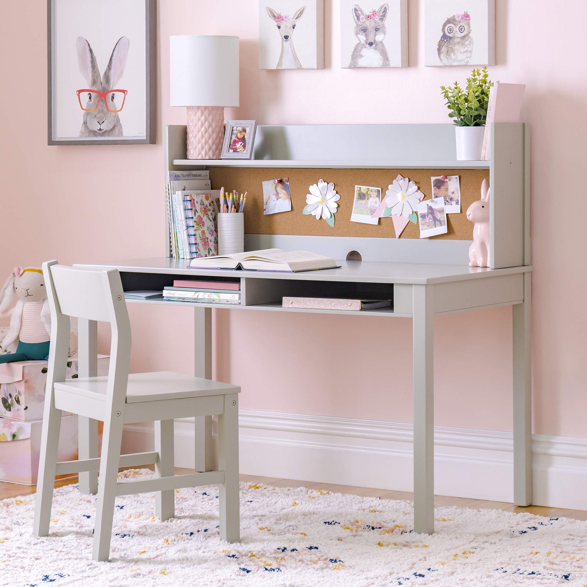 Martha Stewart Kids Desk with Hutch and Chair Set by Guidecraft - Gray: Kids Table and Chair Set with Storage Cubbies and Bulle