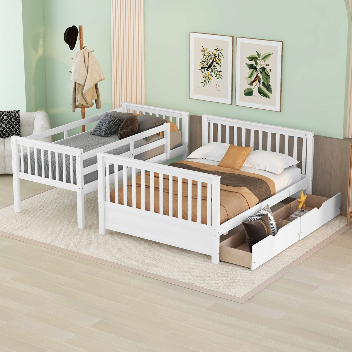 Merax Wood Bunk Bed With Drawers,Convertible Wood Bunk Bed With Ladders And Two Storage Drawers,Solid Wood Detachable Bunk Bed Frame With Ladders,Twin Over Full Size,White