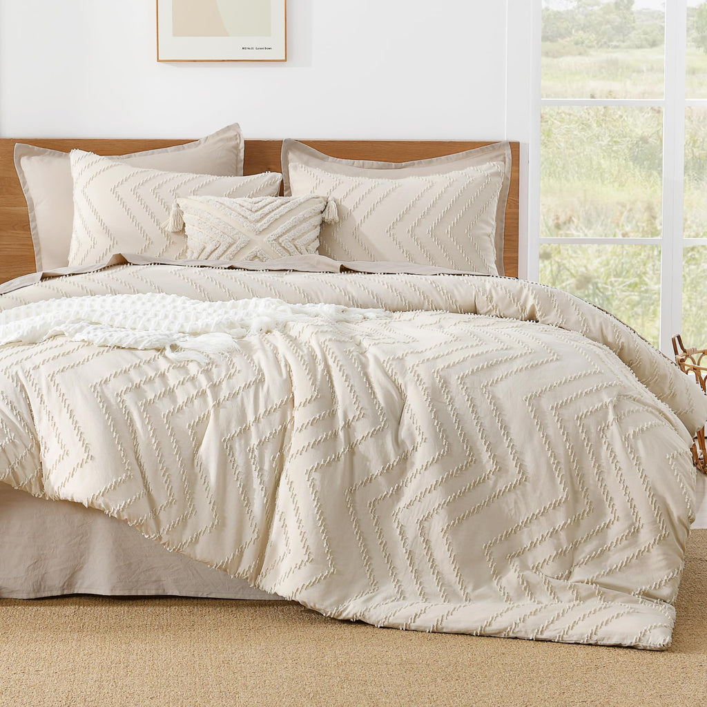 Litanika California King Comforter Set Beige, 3 Pieces Cal King Oversized King Chevron Tufted Boho Bedding Comforter Sets, Fluff