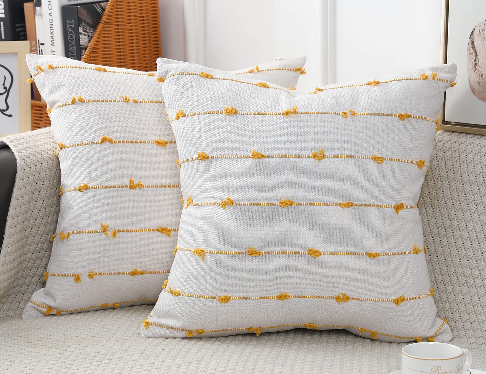 Nuyecy Set Of 2 Boho Throw Pillow Covers 22X22,Beige Yellow Neutral Couch Pillow Case With Tassel Fringe Decorative,Modern Accen