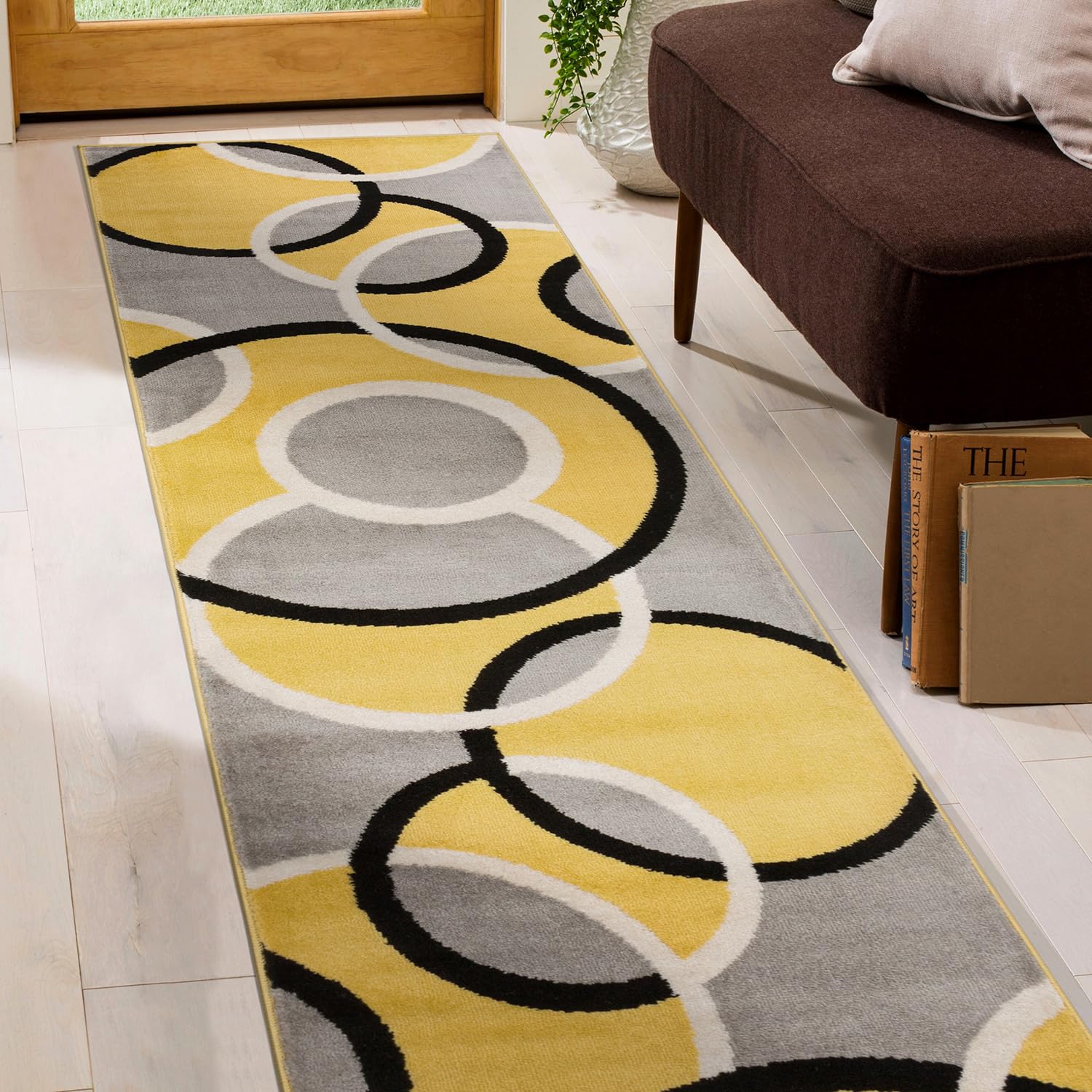Rugshop Contemporary Abstract Circles Easy Maintenance for Home Office,Living Room,Bedroom,Kitchen Soft Runner Rug 2 x 7 2 Yel