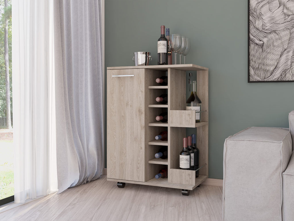 DEPOT E-SHOP Magda Bar Cart with Four Casters, Six Built-in Wine Rack, Single Door Cabinet, and Two External Shelves, 32.32" H, Light Gray, Living Room