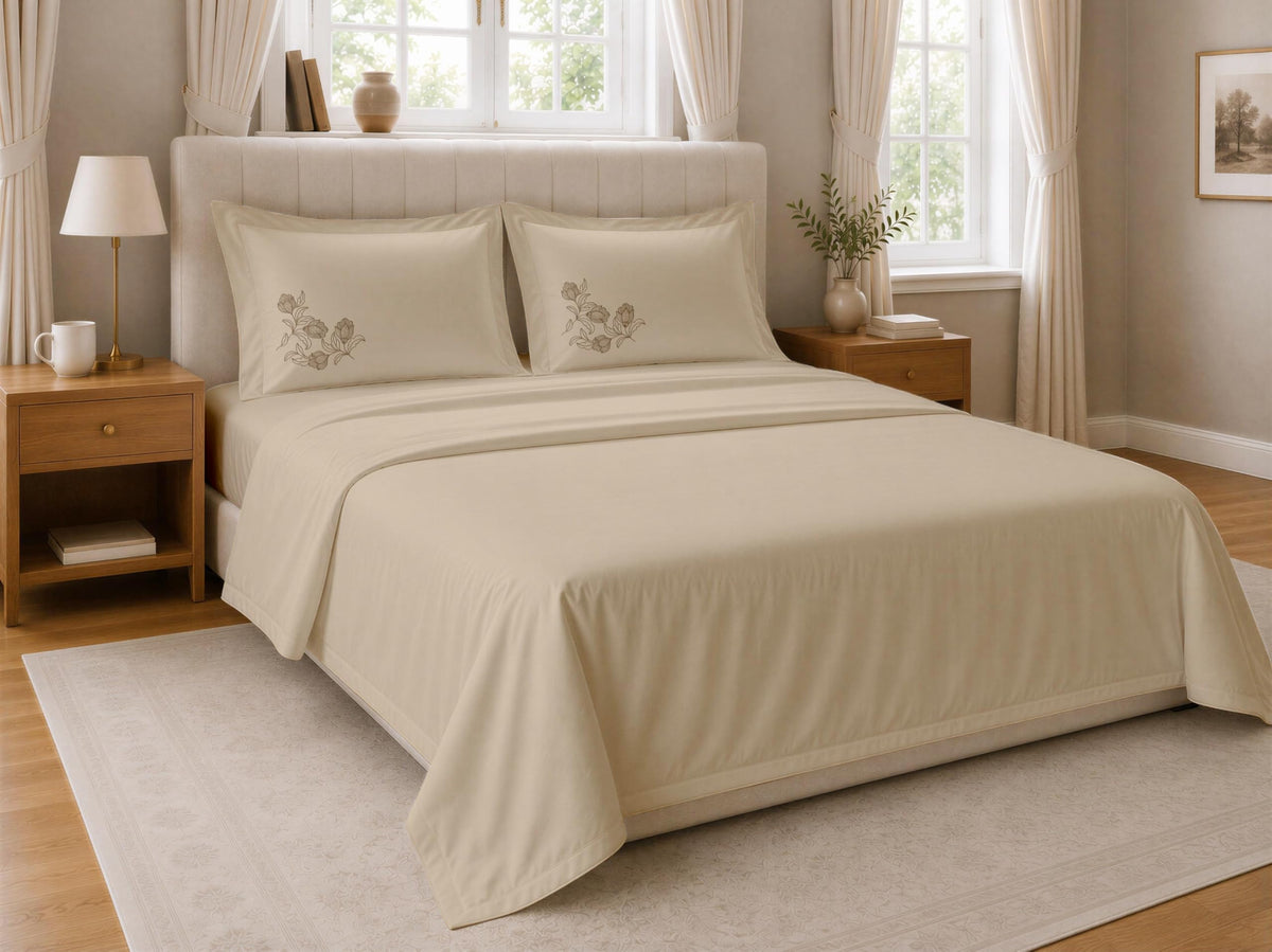 Habbitlives The Mainstay Hlms08 Pure Cotton Bedsheet Set Sand Color Bed Sheet With 2 Embroidered Pillow Covers Breathable Cott
