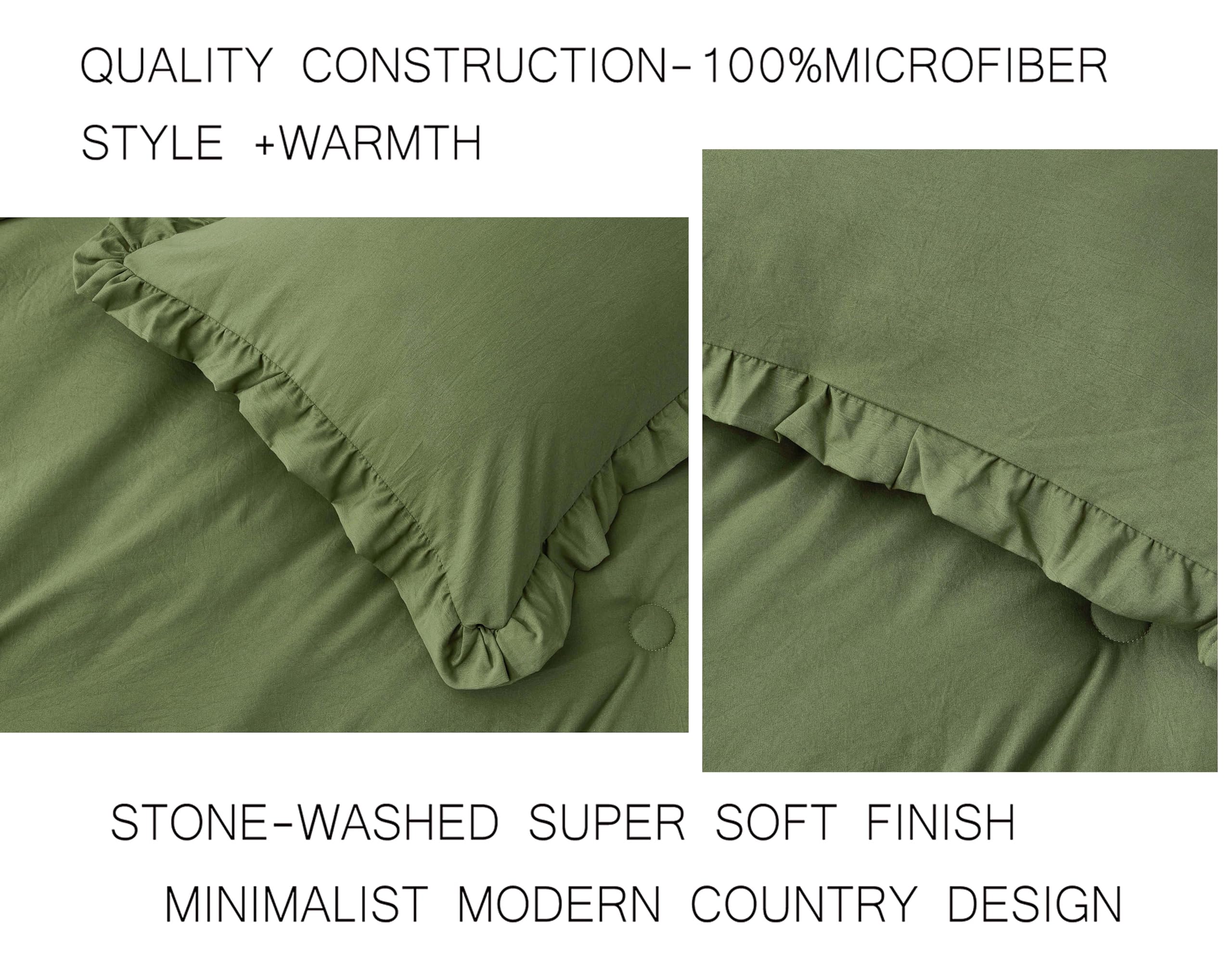 Chezmoi Collection Nora Olive Green Comforter Set Oversized King Size 3-Piece Fluffy Soft Lightweight Bedding Ruffled Edge Trim