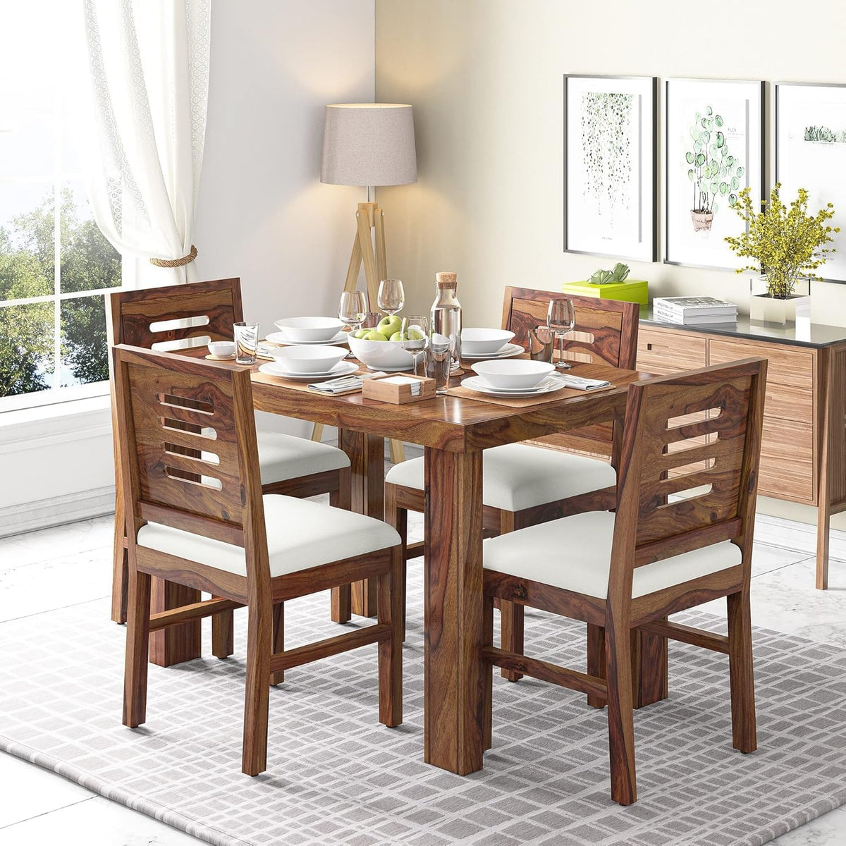 Solid Sheesham Wood 4 Seater Table Set | Wooden Table With Chairs | Furniture For Home Office &Dining Area | Teak Finish | Diy A