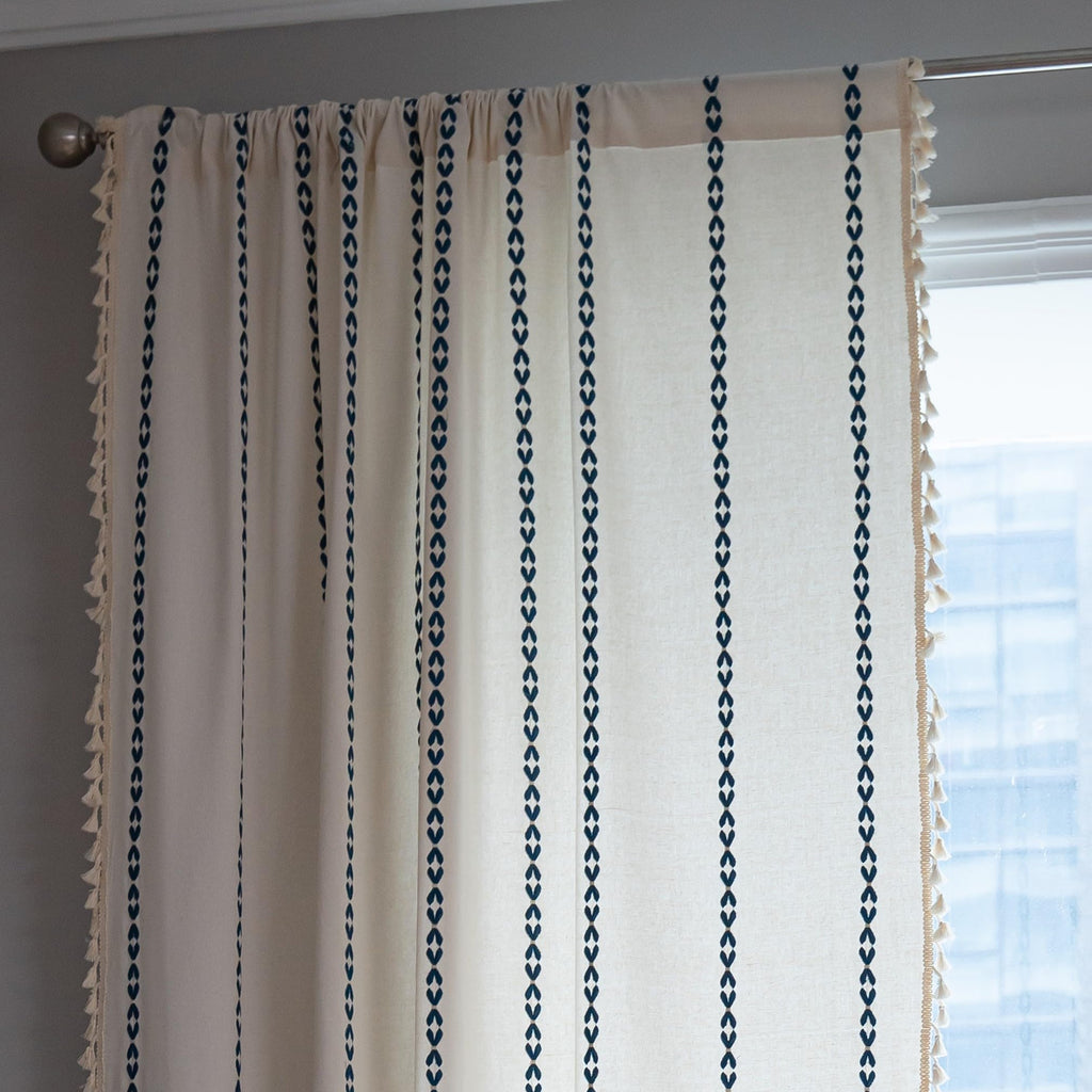 Sutuo Home Boho Curtains 84 Inches For Bedroom Living Room, Semi Blackout Farmhouse Vintage Tassels Window Treatment Bohemian Embroidery Drape, Rod Pocket 1 Panel 52' W X 84' L, White And Navy Blue