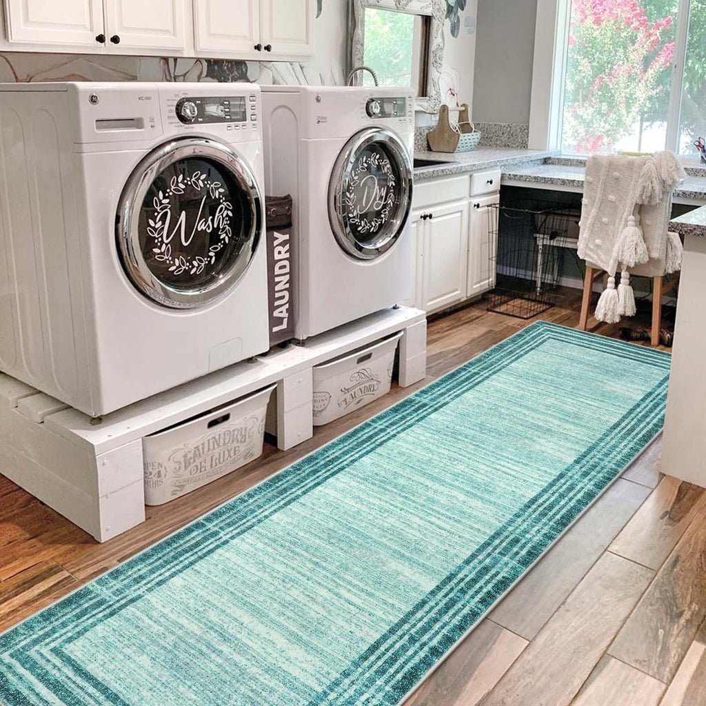 Lahome Abstract Teal 2.5X10 Runners For Hallways,Washable Modern Long Kitchen Runner Rug Non-Slip,Low-Pile Soft Carpets Minimali