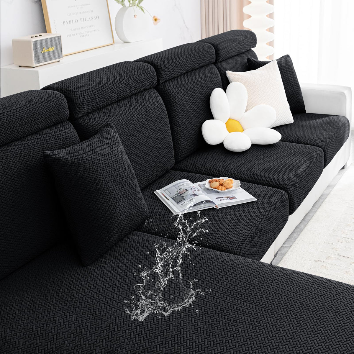 Smiry Waterproof Couch Cushion Covers, Stretch Jacquard Sectional Couch Covers, L Shape Sofa Cushion Covers, Washable Chaise Lounge Cover Elastic Furniture Protector (X-Large Chaise Cover, Black)