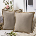 Phantoscope Pack Of 2 Farmhouse Decorative Solid Throw Decorative Pillow Cover Burlap Linen Trimmed Tailored Edges Beige 20 X 20