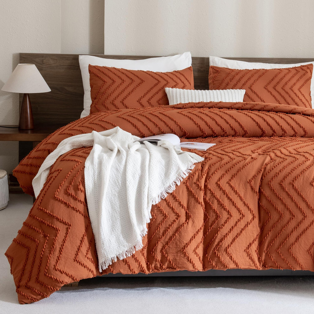 Andency Burnt Orange King Size Comforter, Boho Terracotta Soft Warm Bedding Comforter Sets For King Bed, 3 Pieces Rust Chevron Tufted Aesthetic Microfiber Lightweight Comforter Set