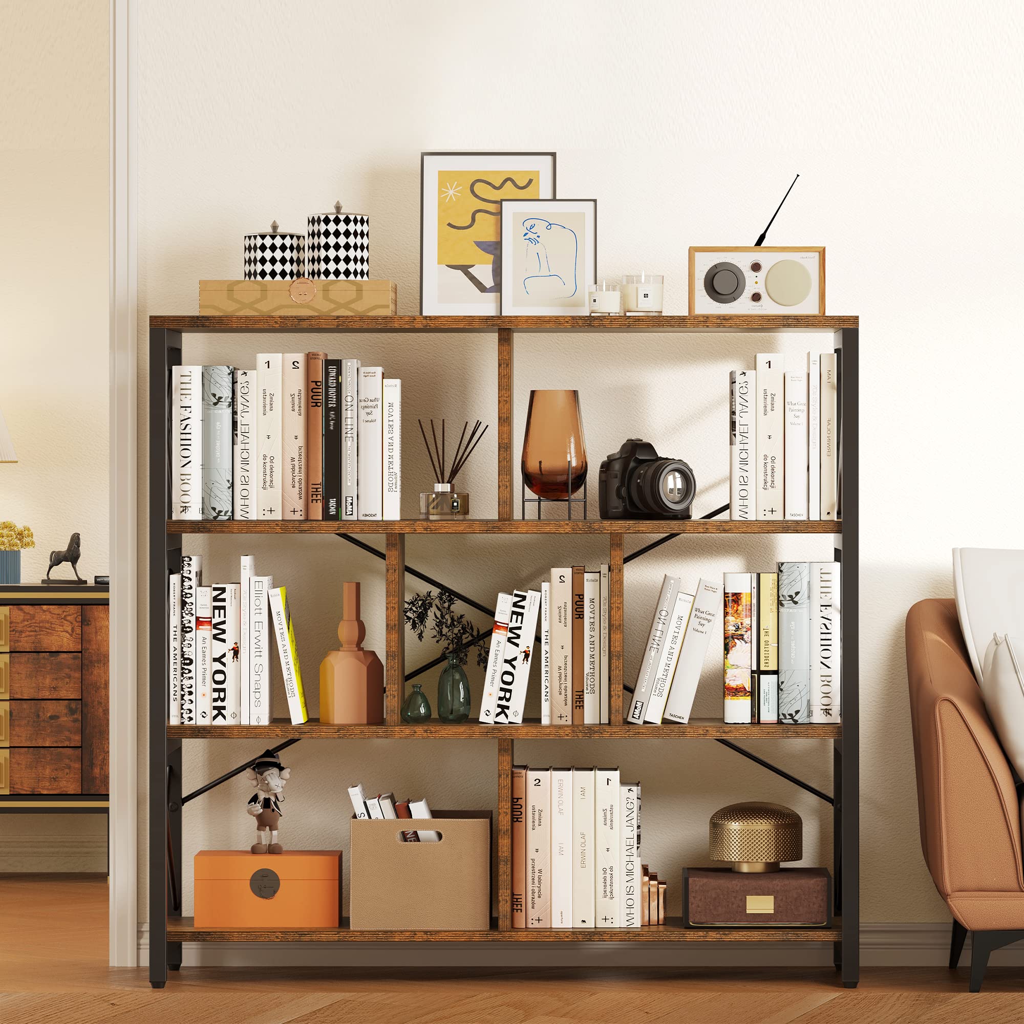 YITAHOME 4 Tier Bookshelf, Free Standing Cube Bookcases and Bookshelves, Industrial Furniture Wide Display Cabinet Open Storage 