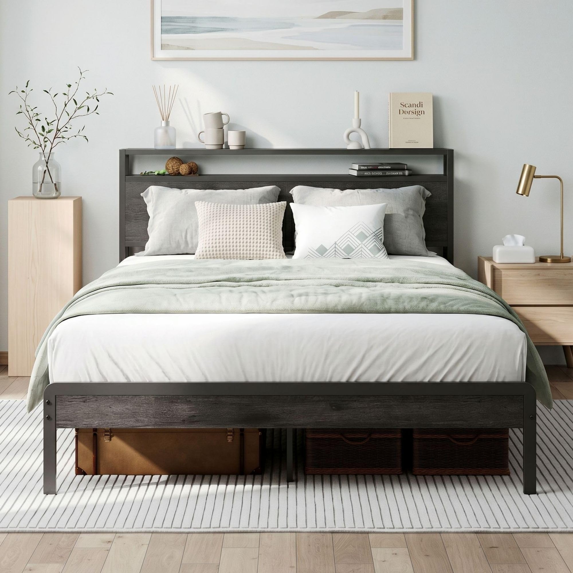 LIKIMIO Full Bed Frame with Headboard, Dark Wood Camas Full with Strong Supports, Sturdy, Noise-Free, No Box Spring Needed, Grey