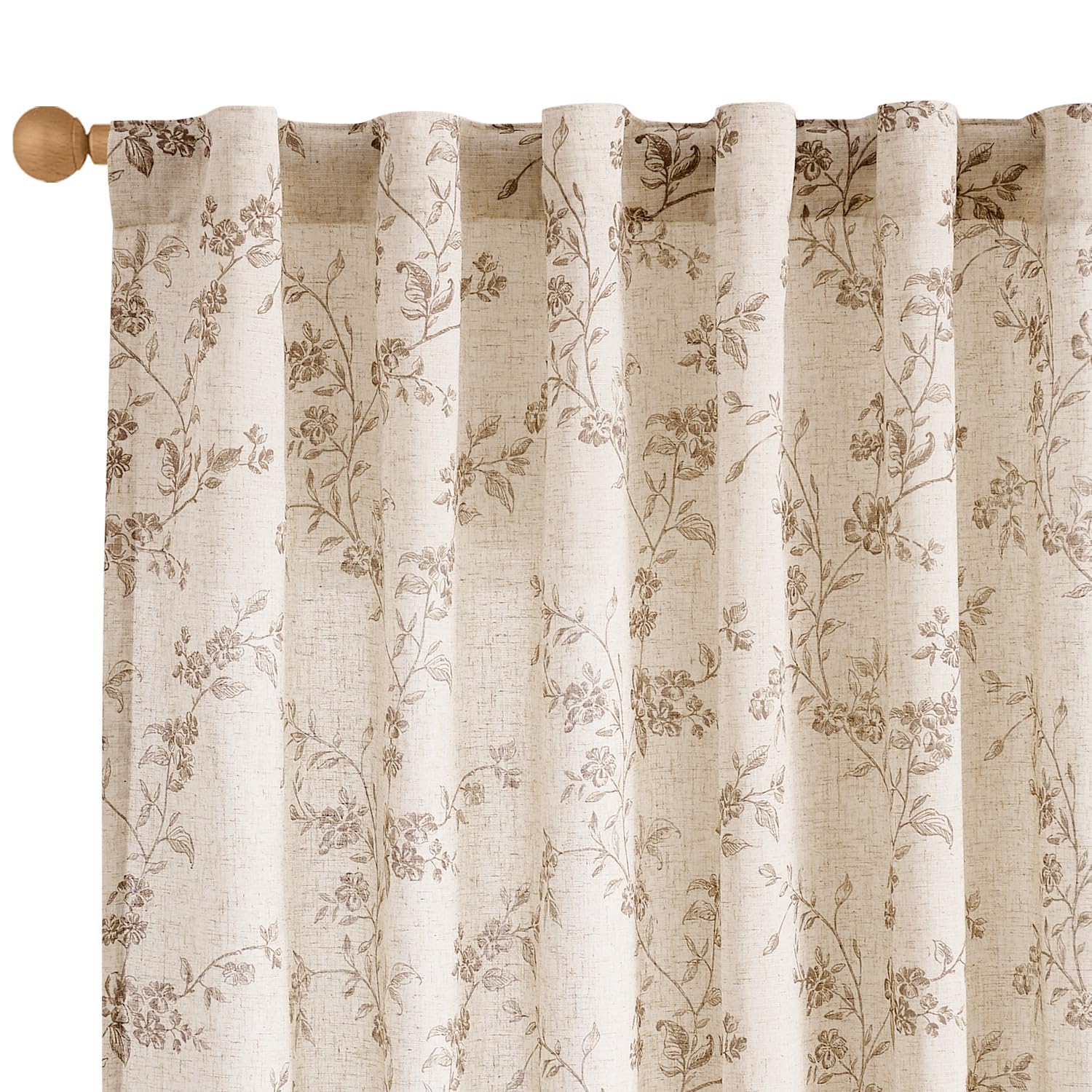 Lazzzy Linen Farmhouse Curtains Taupe Floral Curtains 63 Inch Long Back Tab Drapes for Living Room Bedroom Light Filtering Count