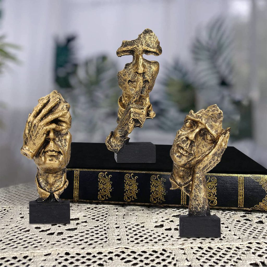 Aboxoo 3 Pcs Thinker Statue, Silence Is Gold Abstract Art Figurine, No Hear No See No Speak Modern Home Resin Sculptures Decorat