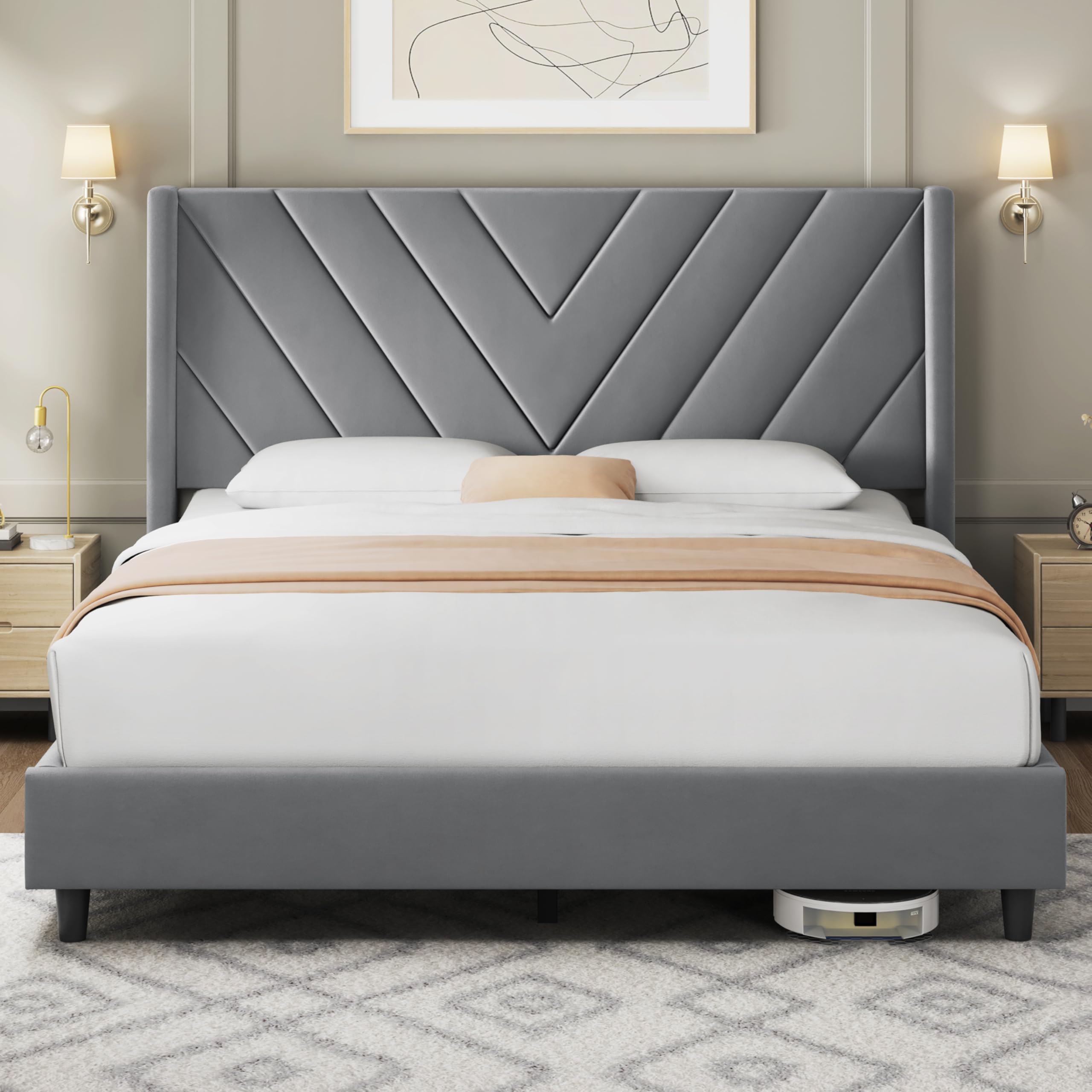 Yaheetech Queen Bed Frame Upholstered Platform Bed with Wing Side/Wooden Slat Support/Tufted Headboard with Wing Side/Mattress F