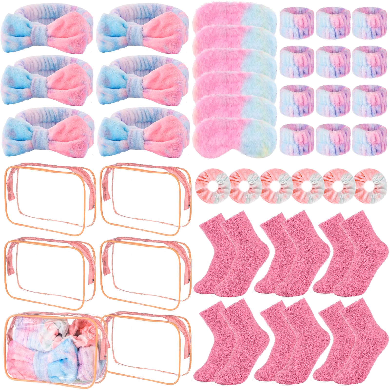 AOWLOG 42 Pcs Sleepover Party Supplies,Girls Spa Parties Pink Sleepover Supplies with Headbands Wristband Eye Masks Hair Ties So