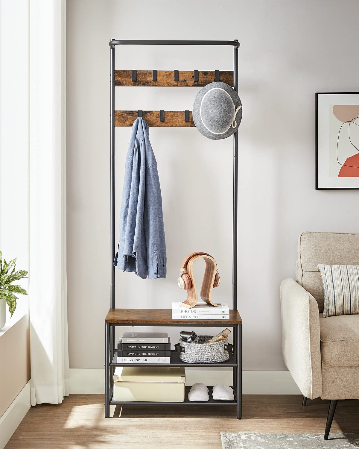 Vasagle Hall Tree With Bench And Shoe Storage, Entryway Bench With Coat Rack Stand And Shoe Rack, 9 Movable Hooks, Top Bar, Fabric Shelves, Industrial, Rustic Brown And Black Uhsr411B01
