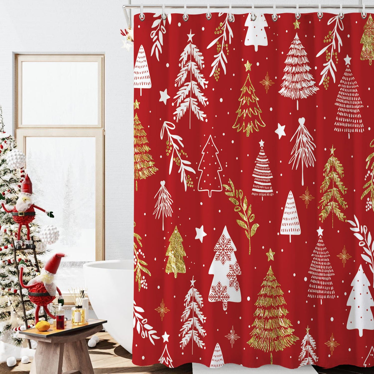 Baccessor Merry Christmas Tree Shower Curtain New Year Red Xmas Pine Trees Snowflake Winter Shower Curtain Polyester Fabric Bath