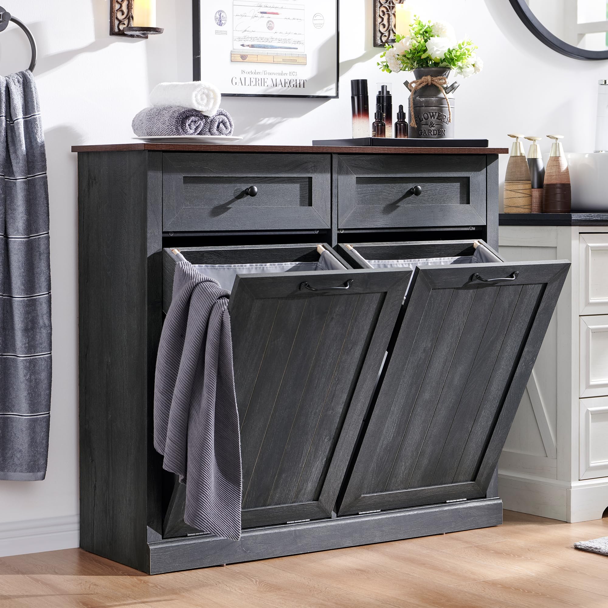 IFBUY Double Tilt Out Laundry Hamper Cabinet, 20 Gallon Farmhouse Trash Can Cabinet with Drawer, Hidden Wood Garbage Can Bin Cab