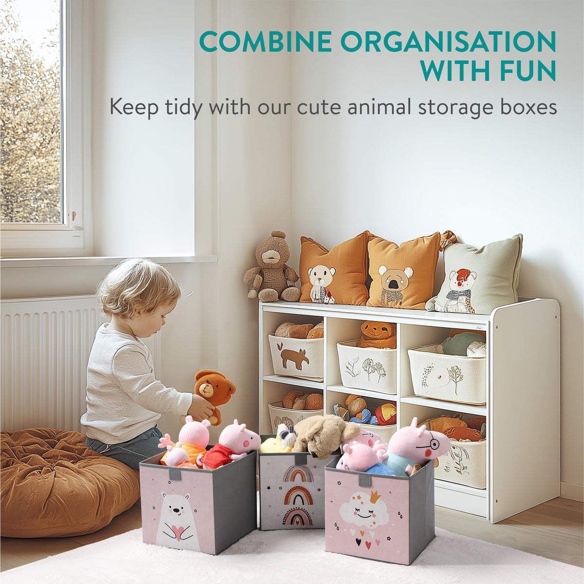 Navaris Kids Storage Cubes Set Of 3 - Kids Cube Fabric Organizer Storage Bins - Foldable Cloth Cube For Childrens Bedroom Baby Nursery - Book Toy Bin Cubby Storage - Pink/White