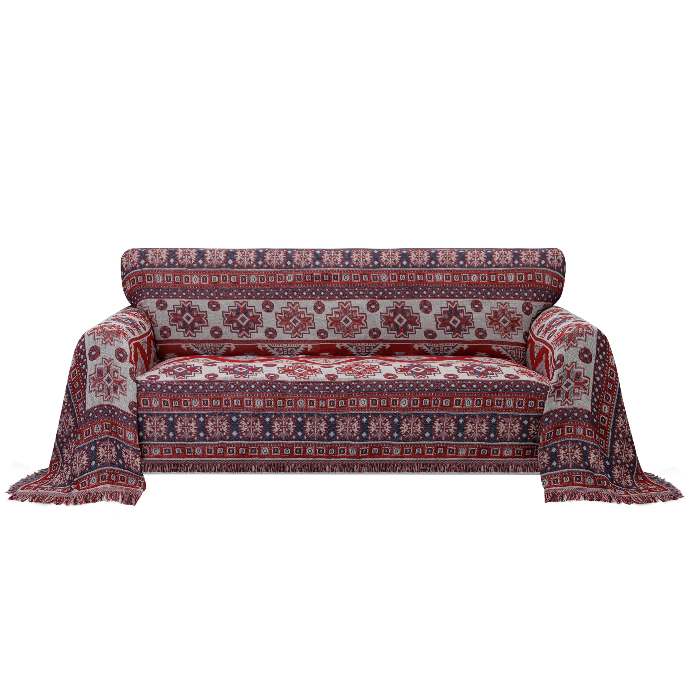 Purefit Geometric Jacquard Throw Sofa Cover - Textured Soft Washable Decorative Couch Covers For 3 Cushion Couch, Throw Cover With Tassels Furniture Protector For Pets, Kids (Large, Bohemia Red)
