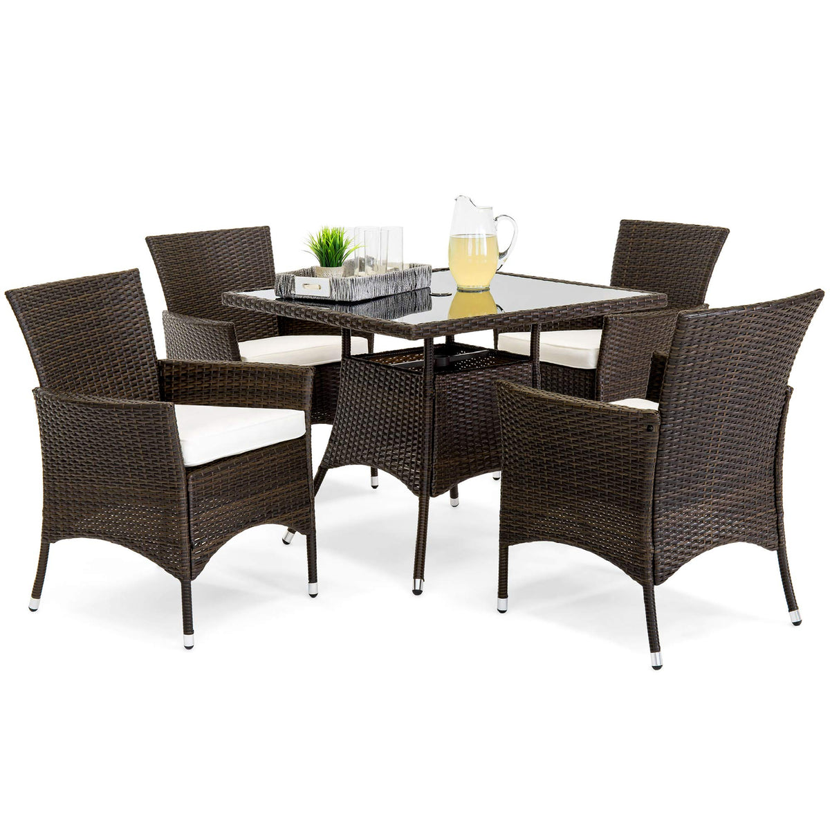 Best Choice Products 5-Piece Indoor Outdoor Wicker Dining Set Furniture for Patio, Backyard w/Square Glass Tabletop, Umbrella Cu