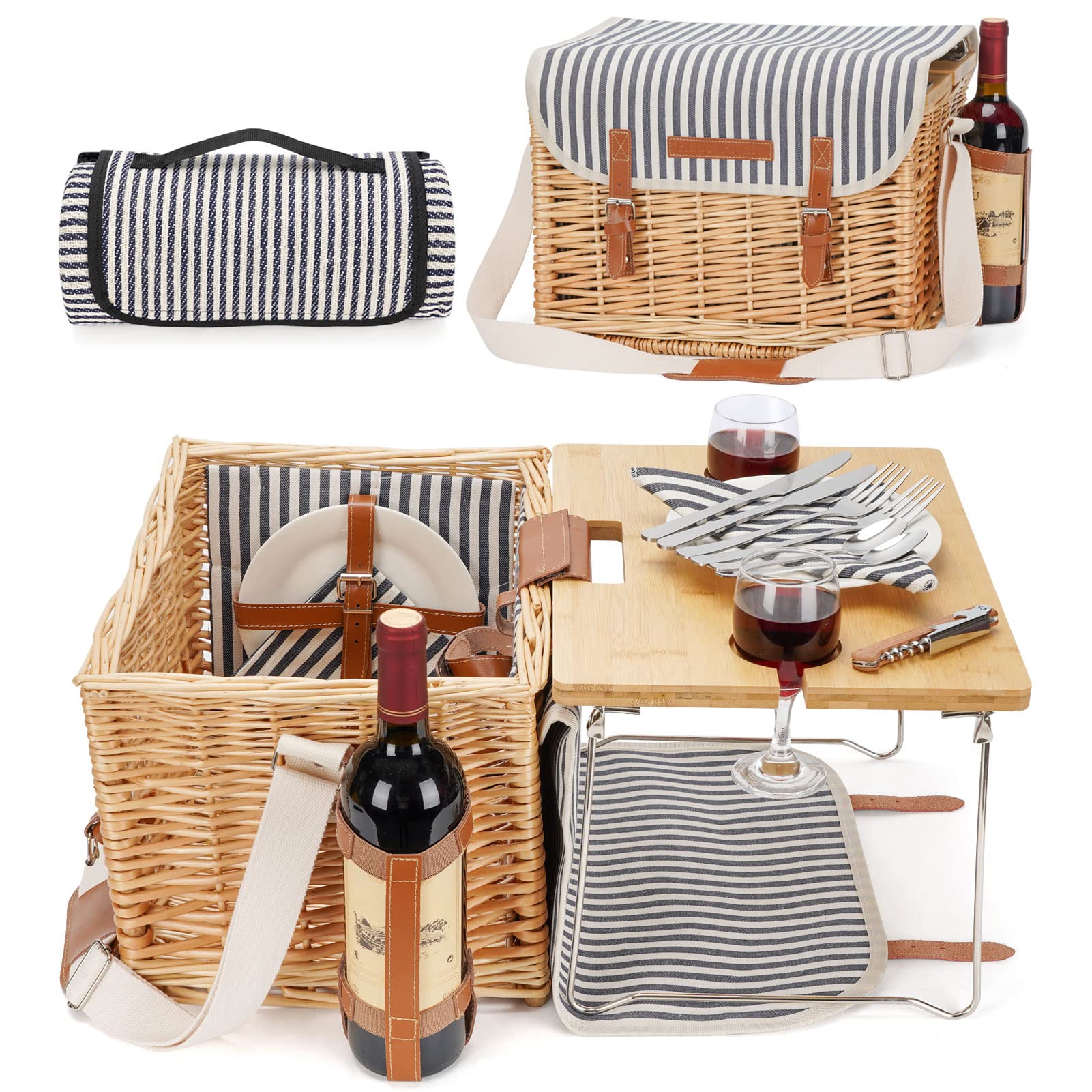 Wicker Picnic Basket for 2 with Detachable Table, Elasticated Wine Holder, Shoulder Carrying Willow Picnic Hamper Set with Premi