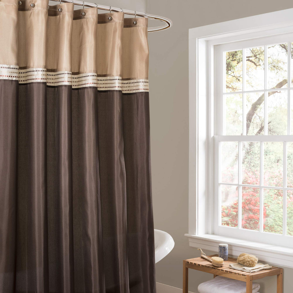 Lush Decor Terra Color Block Shower Curtain Fabric Striped Neutral Bathroom Decor, 72'' W x 72'' L, Brown & Beige