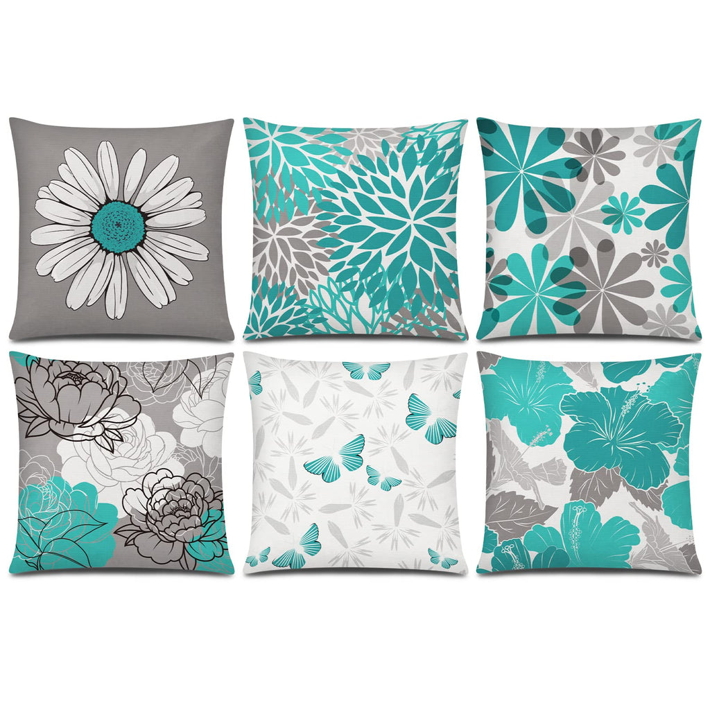 COMMINY Teal Grey Pillow Covers 16x16 Set of 6 Decorative Daisy Flower Throw Pillow Cover for Couch Modern Turquoise Pillow Case