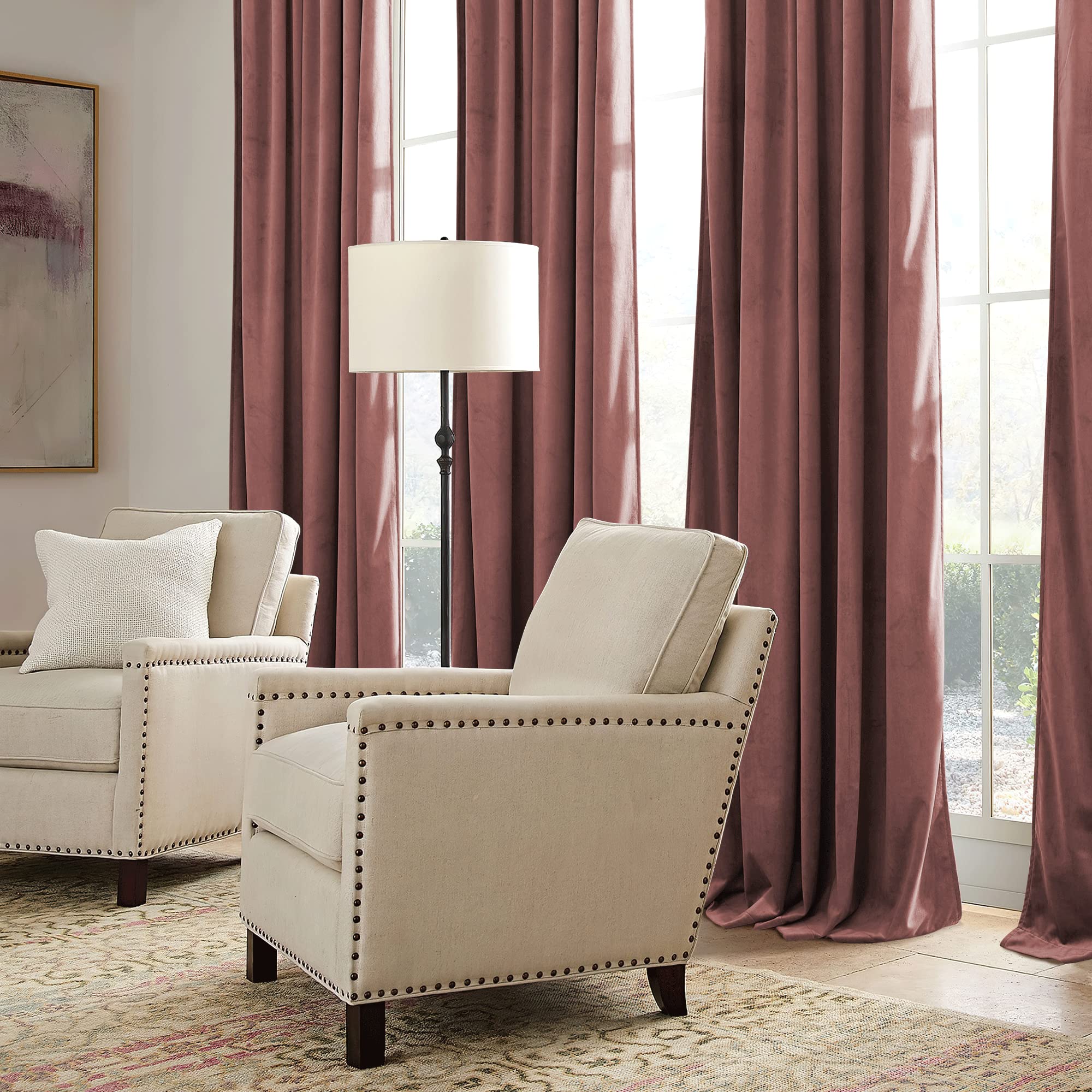 Ryb Home Dusty Pink Velvet Curtains 108 Inch, Room Darkening Window Curtains For Living Room Energy Efficient Backdrop Festival Decor For Girls Bedroom Dining Room, Wild Rose, W52 X L108 Inch, 2 Panel