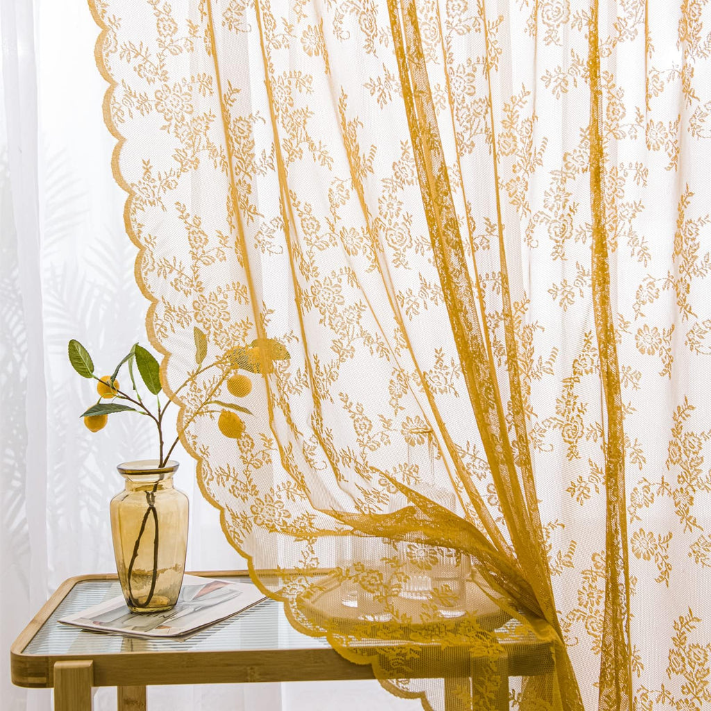 Deeprove Gold Lace Sheer Curtains 96 Inches Long 2 Panels Set, Rose Florals Embroidery Privacy Window Treatment Pair Drapes For
