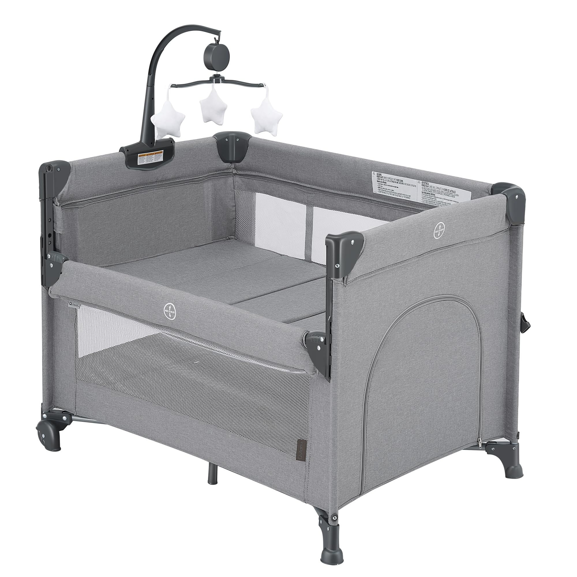 Qutanix 2-in-1 Baby Playard, Pack and Play Bassinet, Easy Folding Portable Crib with Music Mobile for Newborn to Toddlers (Grey)
