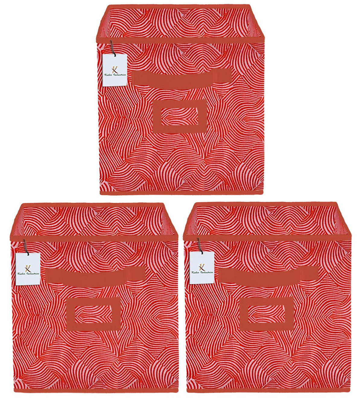 Kuber Industries Laheriya Design Non Woven 3 Pieces Large Foldable Storage Organiser Cubes/Boxes (Orange)  Ctgtc36103