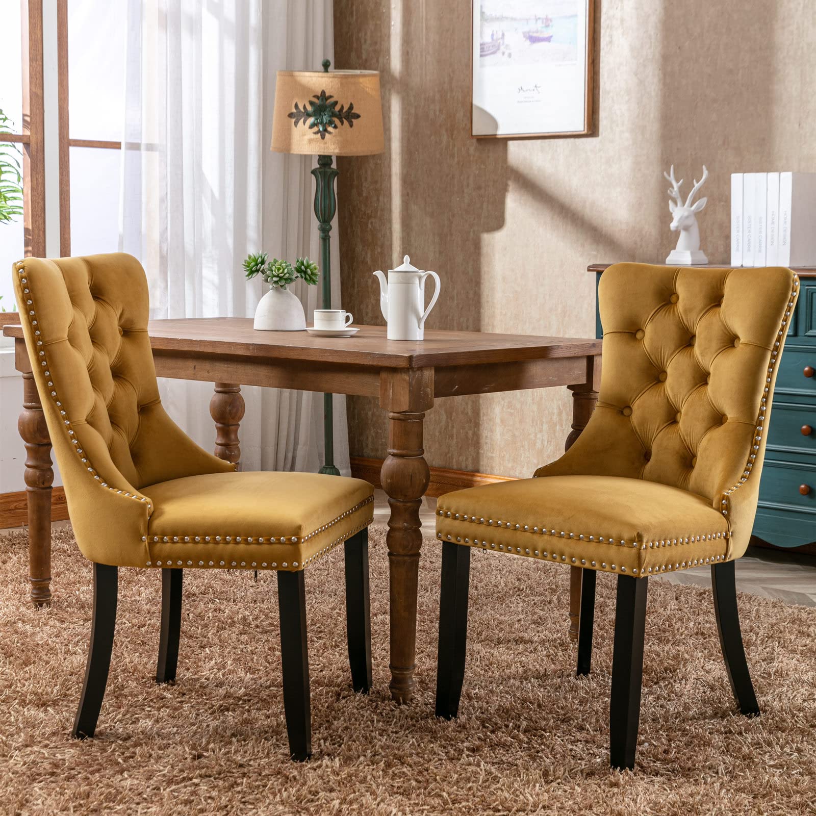 LZ LEISURE ZONE Dining Chairs 2-Pcs Set, High-end Velvet Upholstered Accent Chairs Button Tufted Dining Chairs with Back Ring Pu