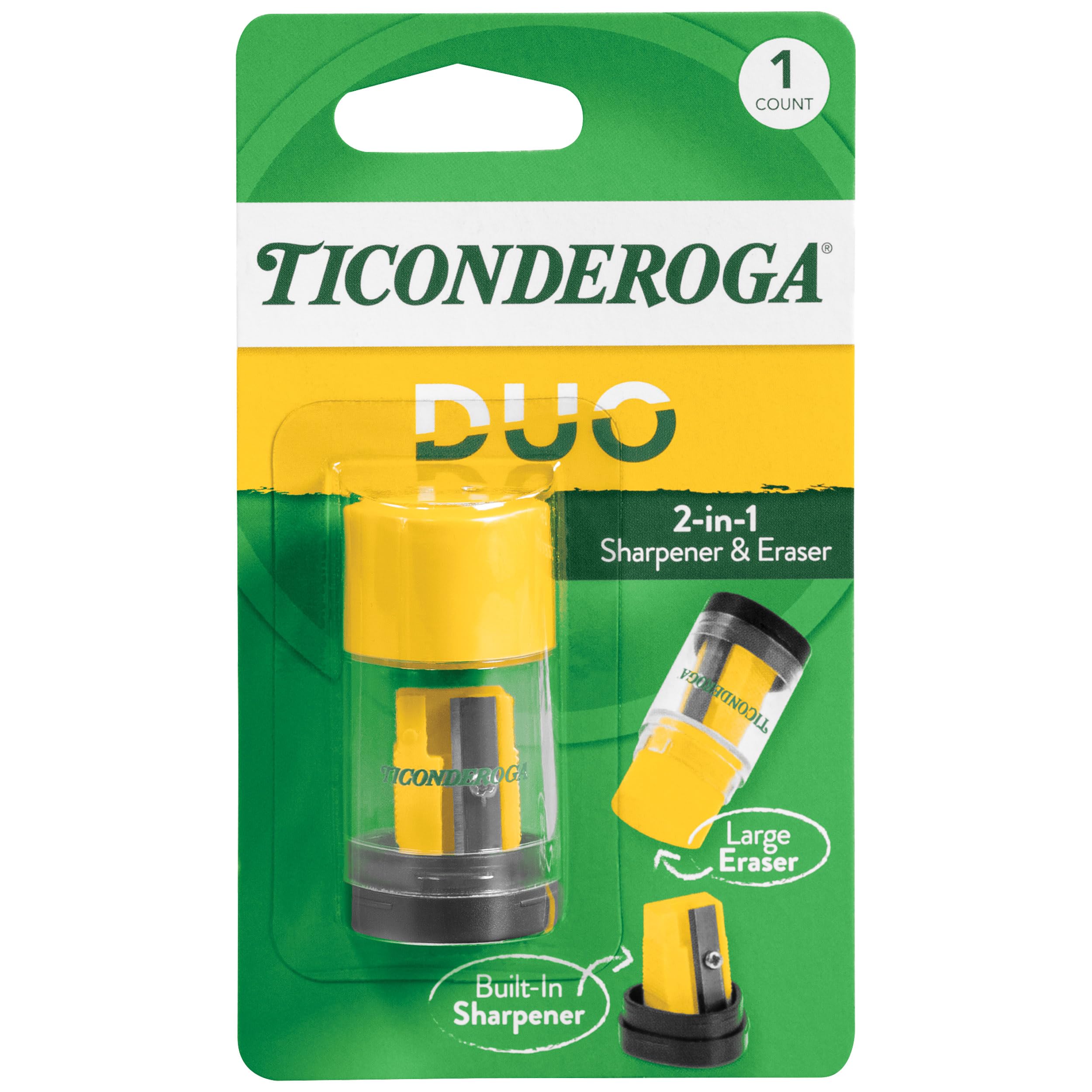 Ticonderoga Duo 2-In-1 Pencil Sharpener & Eraser, Yellow, 6 Count