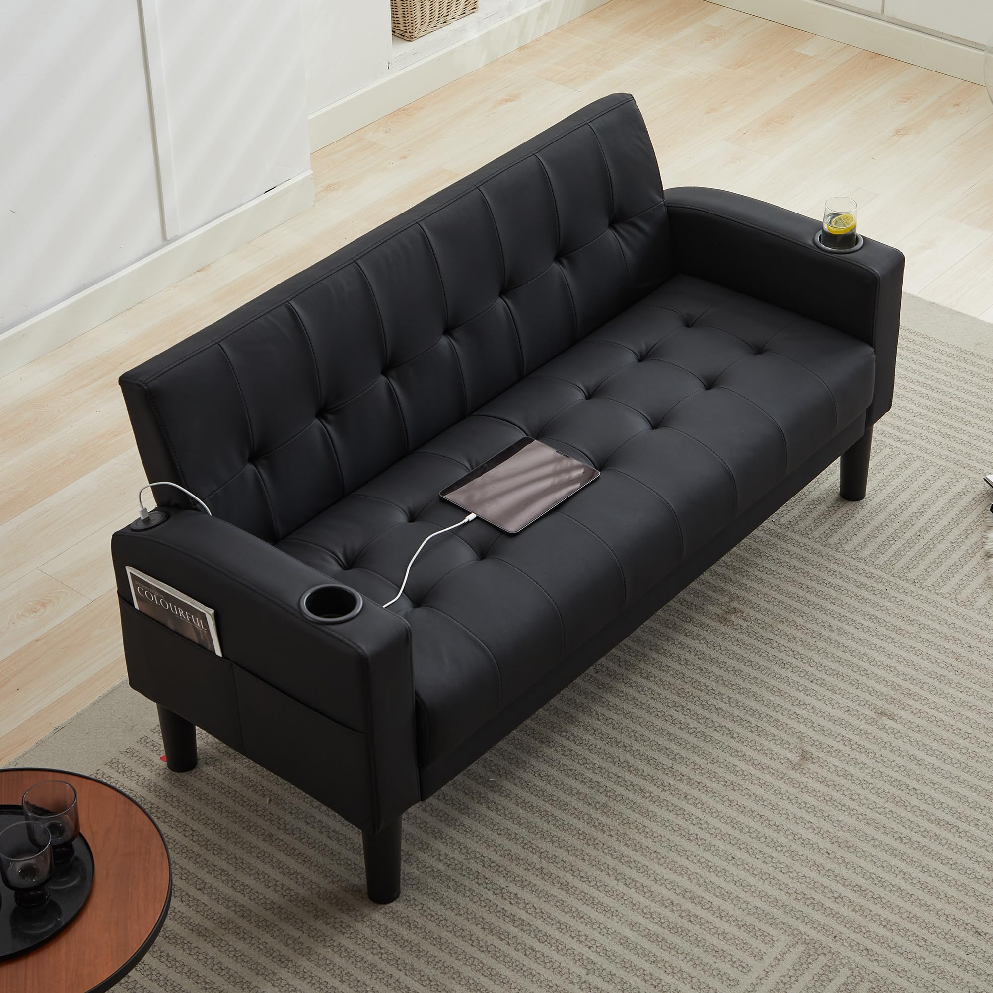 Tyboatle 62 Inch Linen Upholstered Tufted Mid-Century Modern Loveseat Sofa W/ 2 Usb Charger Ports And 2 Cupholders, Small Love Seat Couches For Living Room, Bedroom, Apartment, Dorm (Dark Grey)