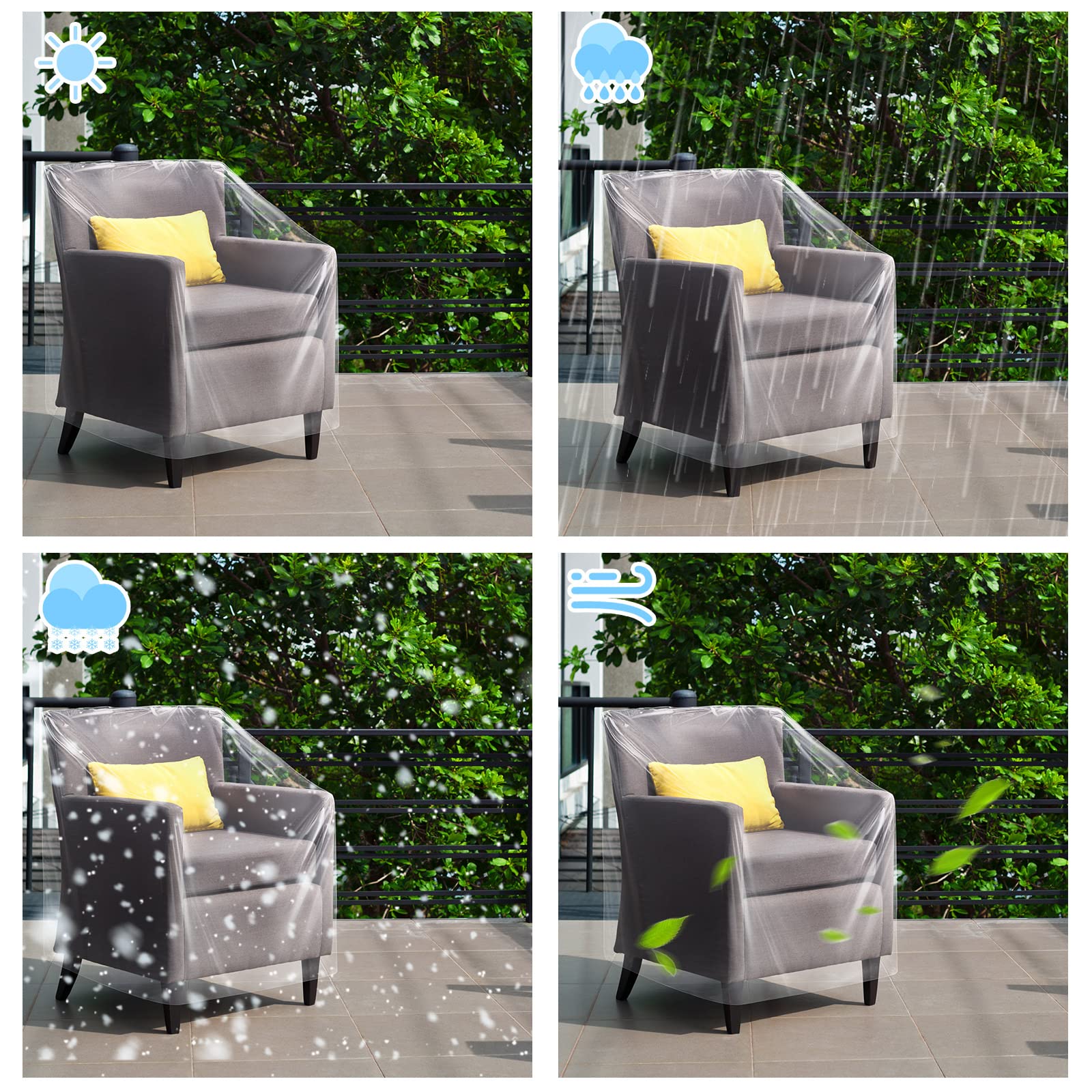 Tudomro Waterproof Plastic Chair Covers, 4 Pcs, Clear, 37 x 30 x 30 Inch, PE Material, for Outdoor Furniture Storage and Moving