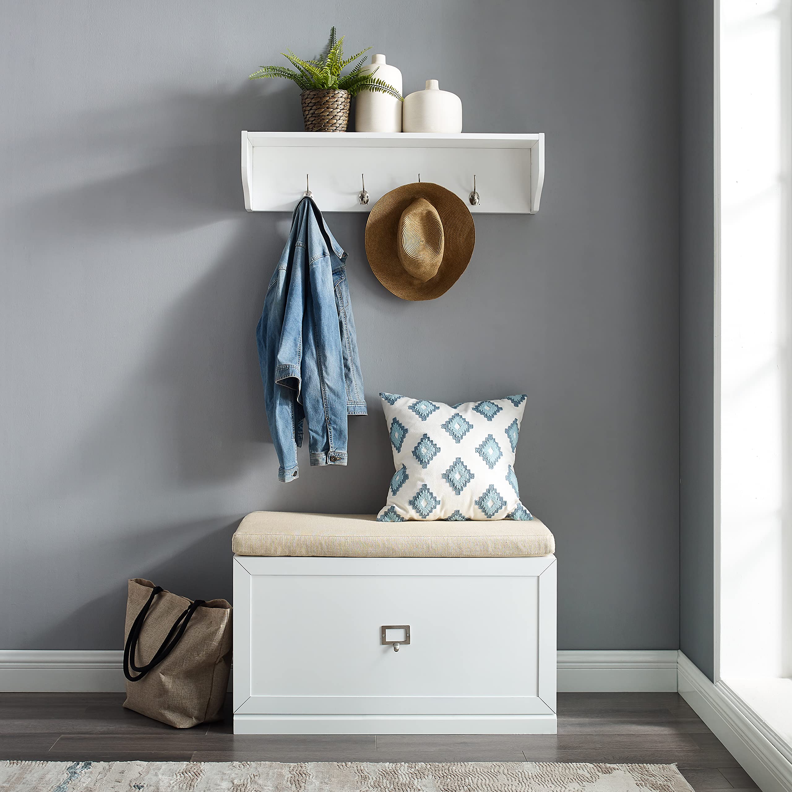 Crosley Furniture Harper 2-Piece Entryway Set With Shoe Rack Storage Bench And Wall Shelf With Coat Hooks, White