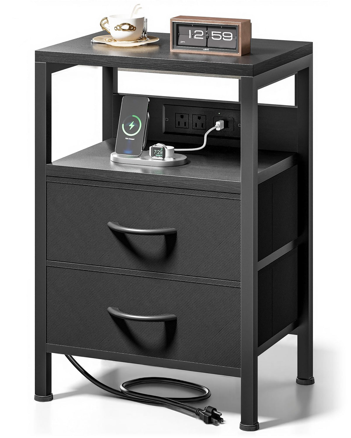 Lazzanto NightStand Bedside Charging Table Bedroom - Night Stand with Charger Station, Modern Nightstand with Open Shelf & 2 Fab