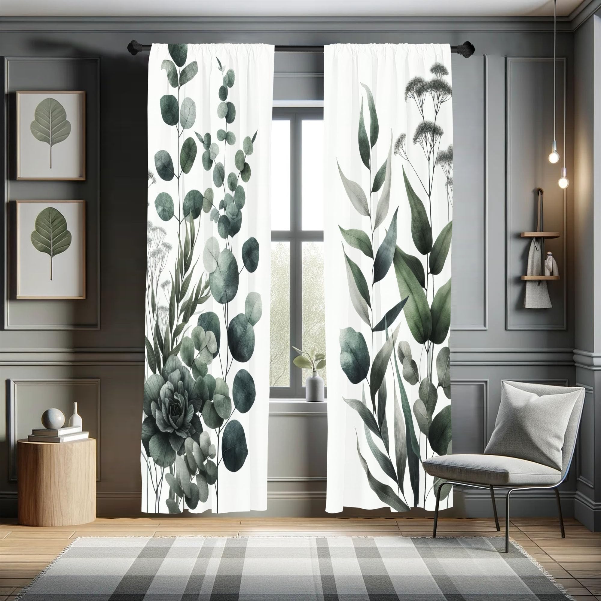 Ambesonne Dark Green Window Curtains Pack Of 2, Minimal Modern Botanical Composition With Succulents Eucalyptus Branches, Lightw