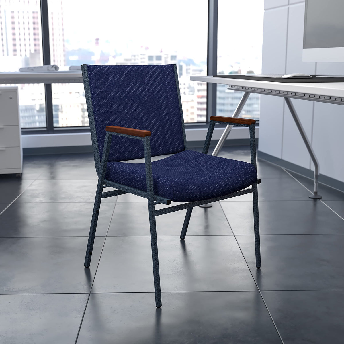 Flash Furniture HERCULES Series Heavy Duty Navy Blue Dot Fabric Stack Chair with Arms and Ganging Bracket