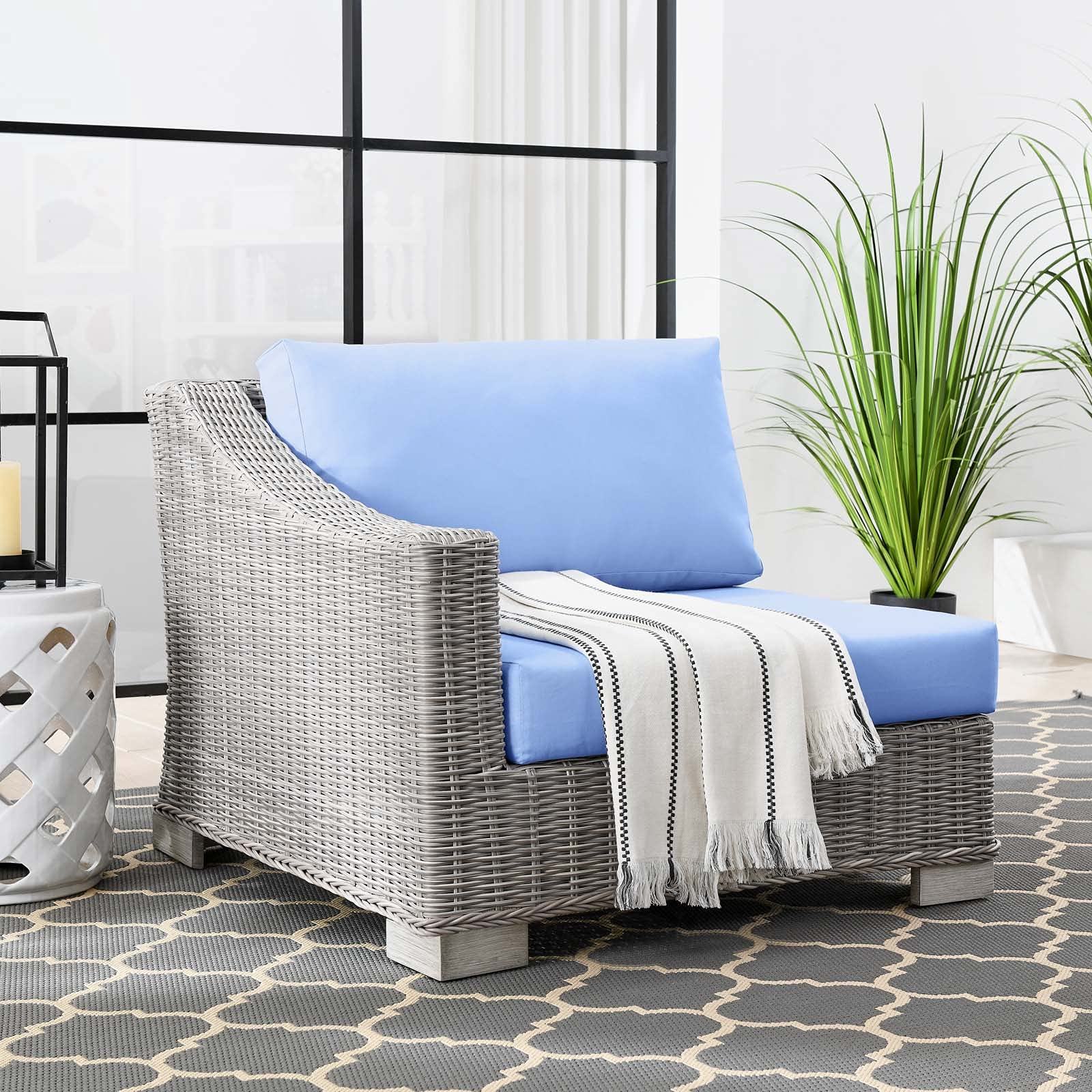 Modway Conway Outdoor Patio Wicker Rattan, Left-Arm Chair, Light Gray Light Blue