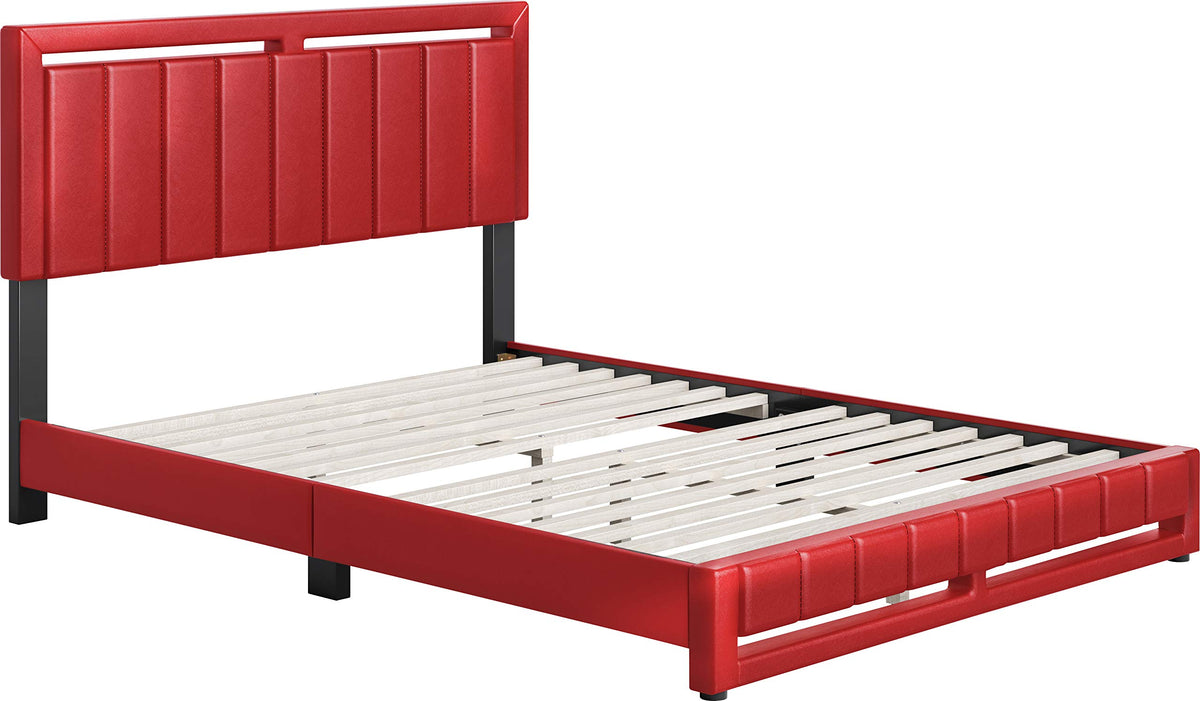 Boyd Sleep Beaumont Upholstered Platform Bed with Headboard, Mattress Foundation with Strong 14 Wood Slat Supports, No Box Spring Required, Red Faux Leather, Size Full