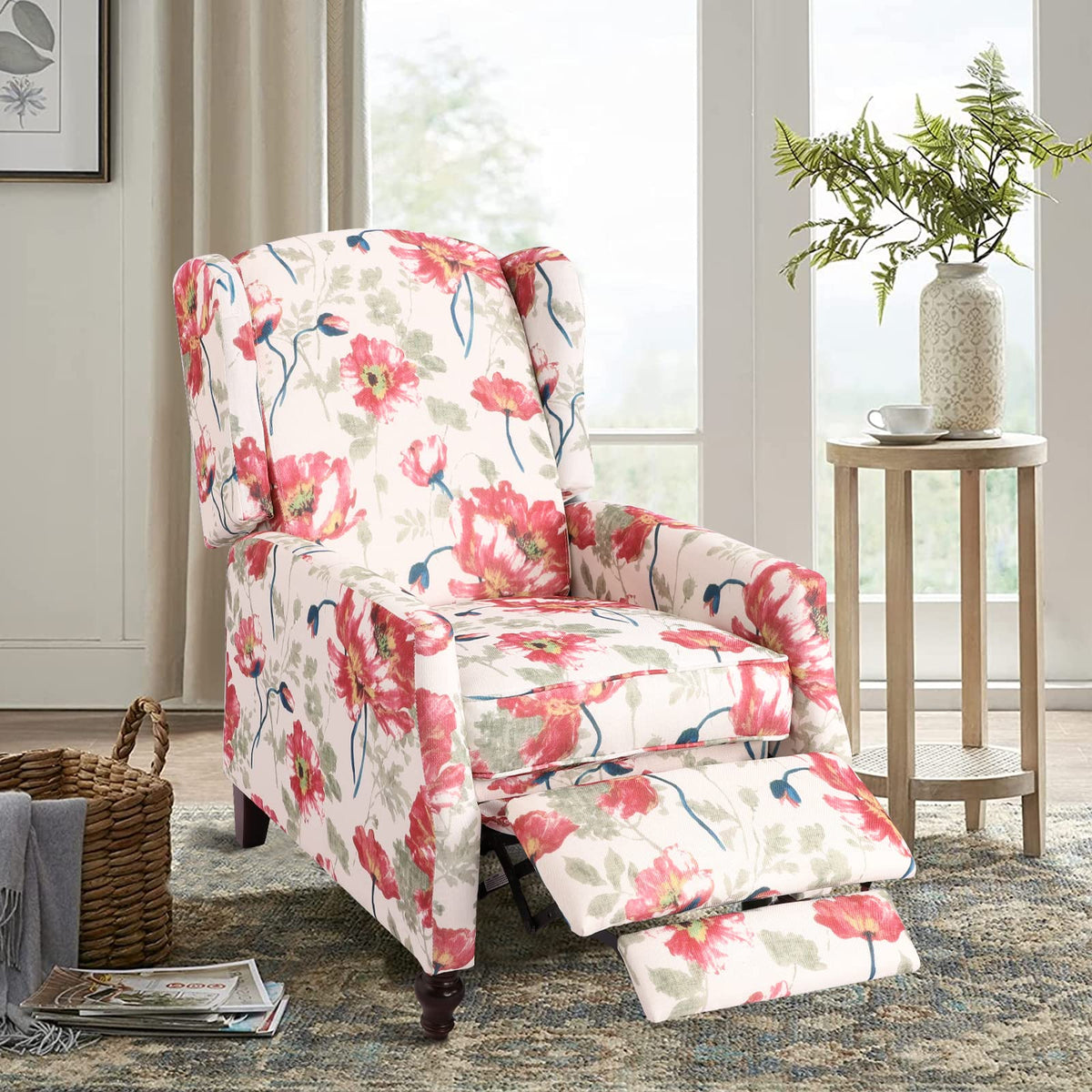 Consofa Wingback Recliner Chair, Traditional Push Back Recliner Chair With Padded Seat, Wingback Recliner With Wooden Legs, Tuft