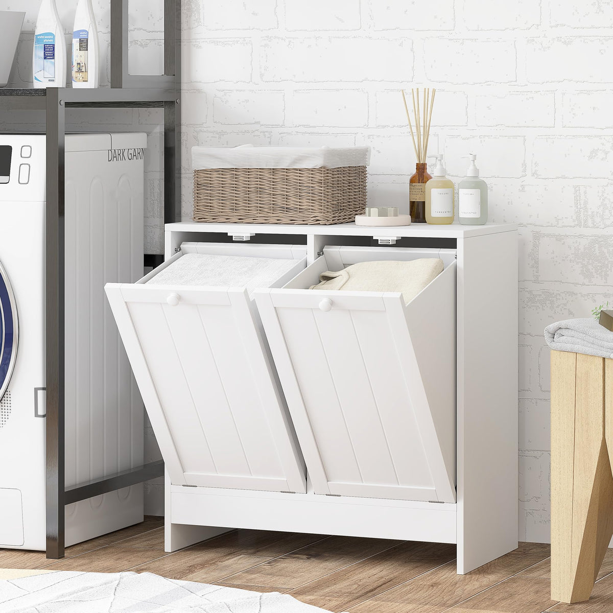 kleankin Double Tilt Out Laundry Hamper Cabinet with Storage 2 Doors White