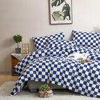 Clothknow Blue Plaid Queen Comforter Set 3Pcs Grid Bedding Comforter Sets Checkerboard Queen Comforter Royal Blue White Queen Size Comforter Sets